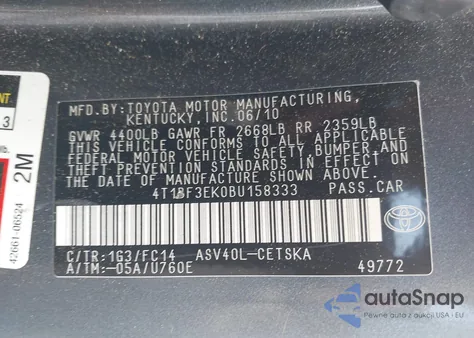 2011 Toyota Camry Se из США, поврежденный, VIN 4T1BF3EK0BU158333